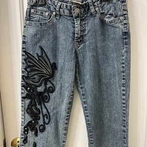 vintage y2k heat wave embroidered detail low rise flare jeans